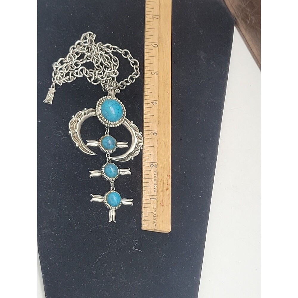 Stunning Vintage Huge Squash Blossom Silvertone Faux Turquoise Cabochon Necklace - Picture 9 of 9